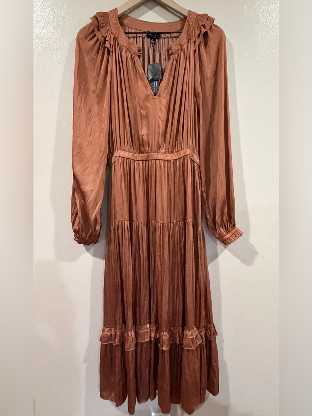 NWT Current Air Copper Rust Long Sleeve Tiered Maxi Dress Medium fits Large